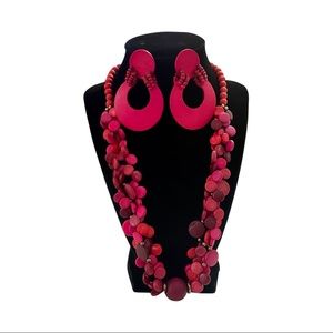 Red and Pink Multicolored Wood Necklace and Earrings
